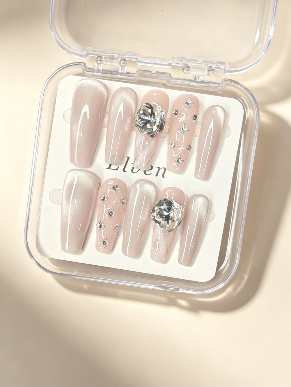 Elegant Handmade Press On Nails with Rhinestones Long Coffin